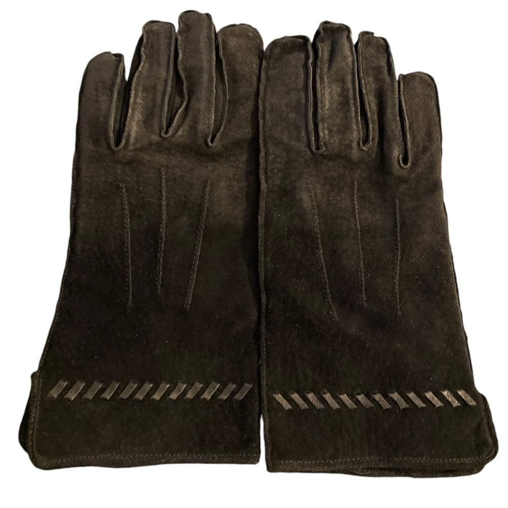 Vintage black suede gloves with fleece lining and braid trim, L, EUC